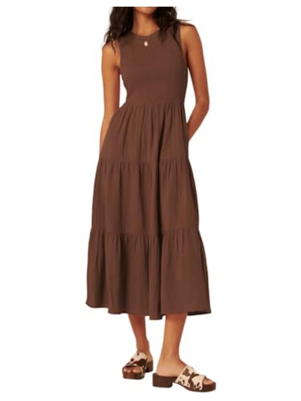 100% Cotton Midi Dress Sleeveless Smocked A-Line Tiered Flowy Tank Dress with